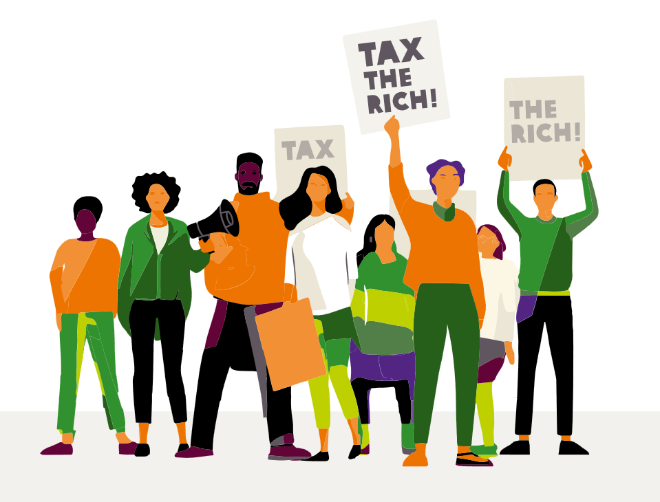 Menschen demonstrieren mit Schildern "Tax the rich"